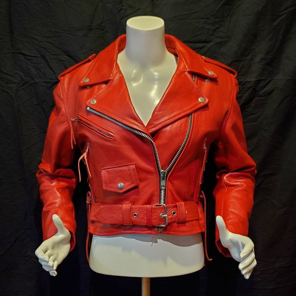 Red leather biker jacket, vest and chaps